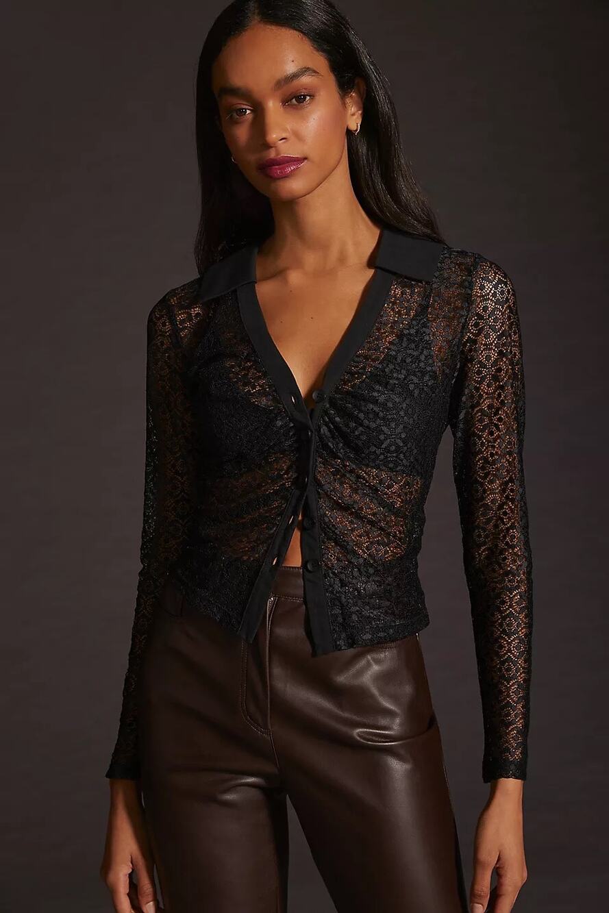 Maeve by Anthropologie Sheer Black Lace Ruched Long Sleeve Top Blouse Size XL